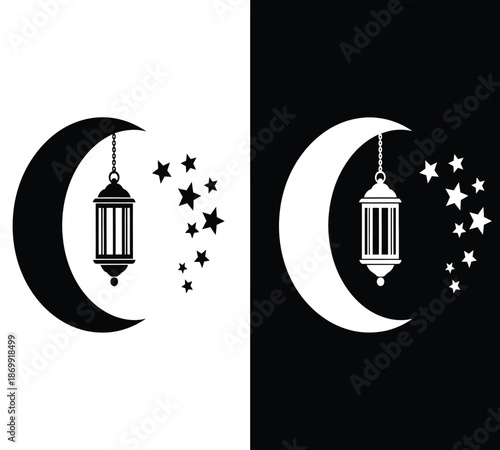 A striking depiction of dual crescent moons with ornate lanterns contrasted against black and white backgrounds