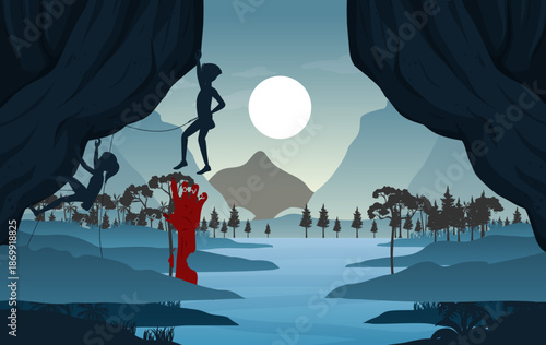 Dark Surreal Horror Scene Illustration with Eerie Atmosphere and Abstract Elements