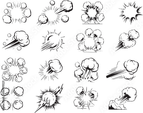 Line speed cartoon effect, boom explosive motion line element set. Comic boom burst, explosive smoke, line speed cartoon vector icon. Hand drawn sketch doodle action effect. Vector illustration