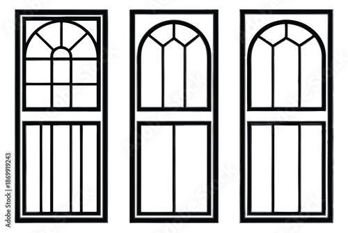 Set of Different Window Frame Designs, Black and White Line Art Vector Illustrations for Architecture and Home Construction