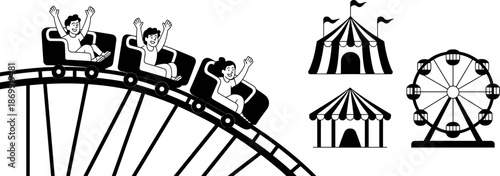 Black and White Illustration of People Riding a Roller Coaster with Circus Tents and Ferris Wheel Icons Isolated on White Background