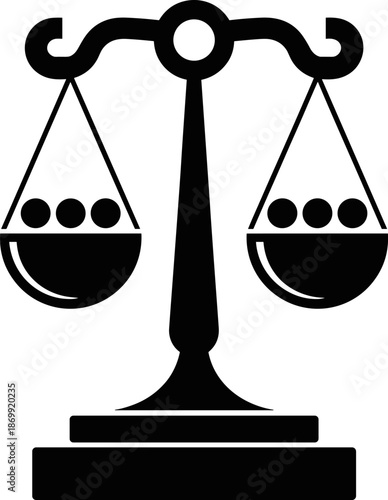 Black and white vector illustration of a balanced scale icon symbolizing justice law equality and fairness isolated on a white background