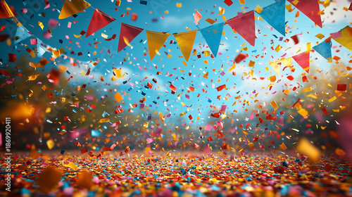 Carnival celebration scene with colorful flags, streamers, confetti, and open space for announcements or event branding