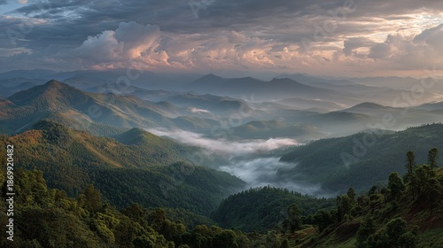 Majestic misty mountain valley at sunrise