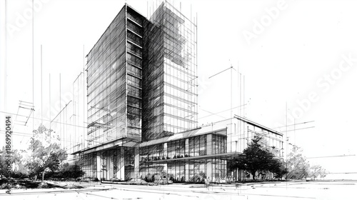 Modern office building architectural sketch drawing