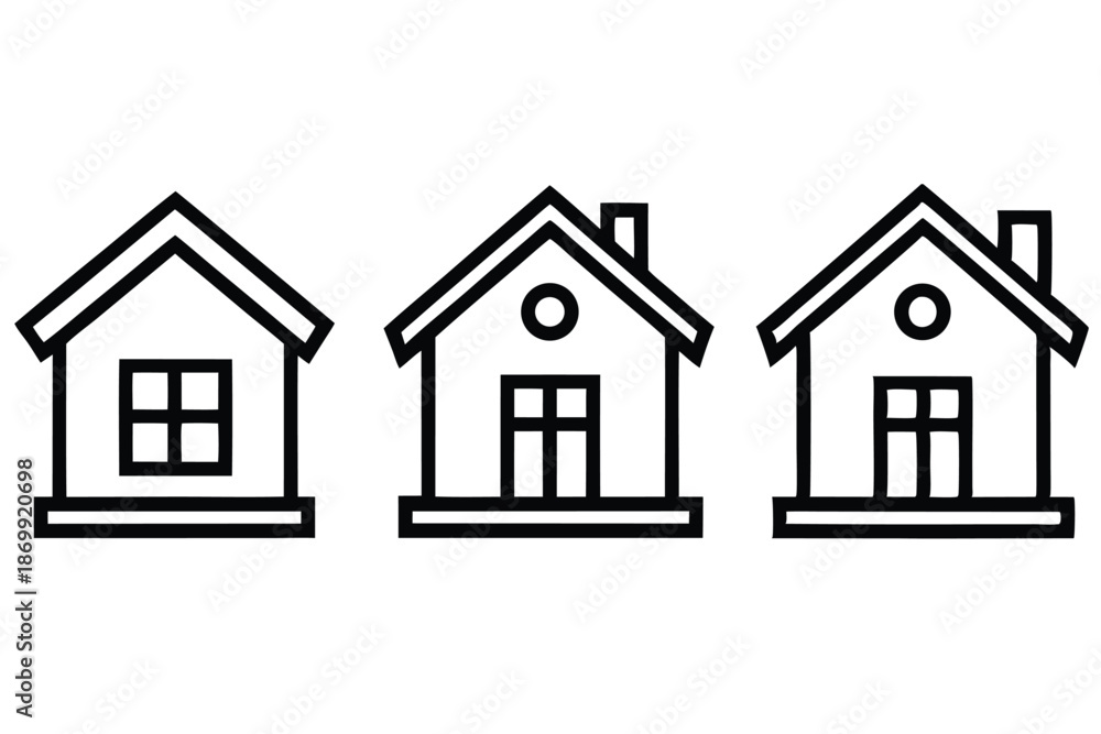 Fototapeta premium Clean Line Art Home Icons, Black and White Vector Symbols for Residential Property and Real Estate Marketing