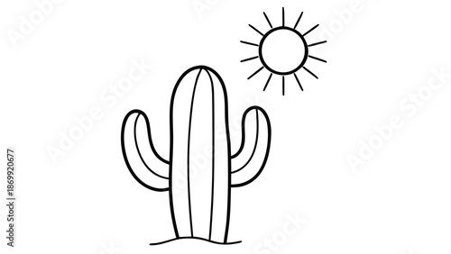 Simple Outline Drawing of a Desert Cactus Under a Bright Sun