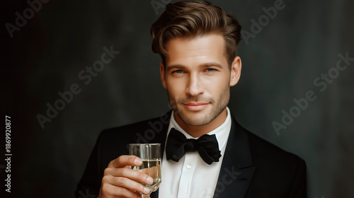 Handsome man with wavy brown hair wearing black tuxedo and bow tie holding glass of champagne on dark blurred background