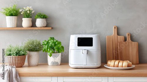 White modern air fryer stands on a wooden kitchen countertop surrounded by green potted herbs and fresh sliced bread against a textured gray wall