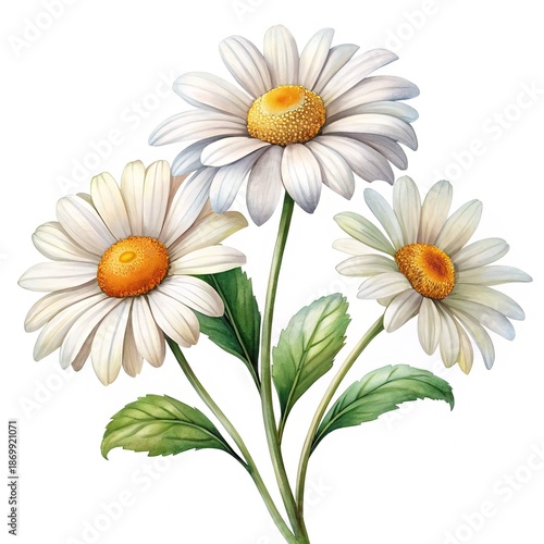 Wallpaper Mural Elegant watercolor painting of three daisy flowers with green leaves on white Torontodigital.ca