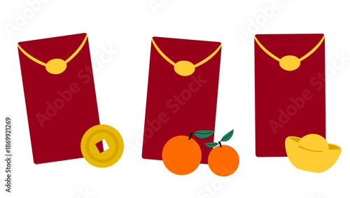 Set of Chinese Lunar New Year lucky money red envelopes and symbols of prosperity