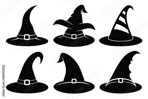 Set of Spooky Halloween Witch Hat Silhouettes, Black and White Vector Icons for Holiday Design and Party Invitations
