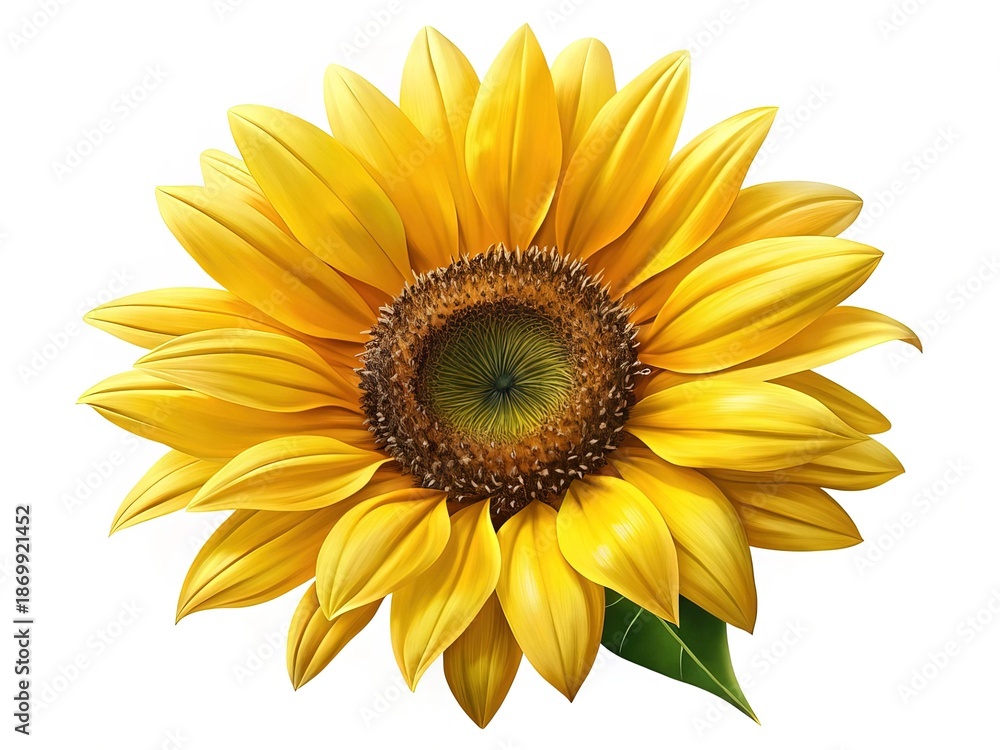 Naklejka premium A vibrant, detailed sunflower head with golden yellow petals and a brown center