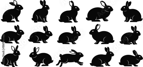  Black rabbit silhouette collection with bunnies sitting and running in various poses isolated on white background for spring nature design.