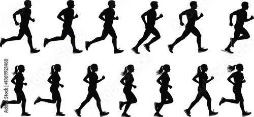 Black runner silhouette collection with male and female joggers running in various poses isolated on white background for fitness design.