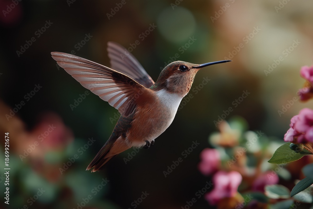 Fototapeta premium Colorful hummingbird hovering close to pink flowers in lush garden