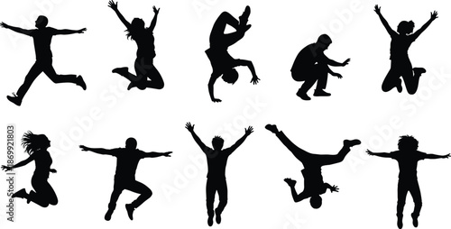  Collection of black jumping people silhouettes, parkour athlete icons, active person graphics, happy men and women jumping for joy vector set