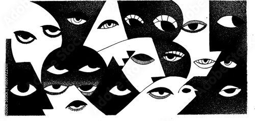 Abstract black and white faces with emphasized eyes in cubist style