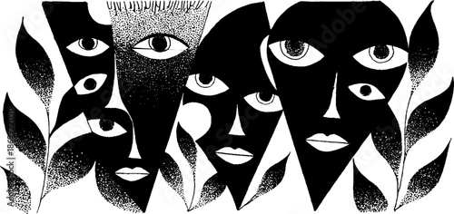 Abstract faces and leaves in black and white surreal art