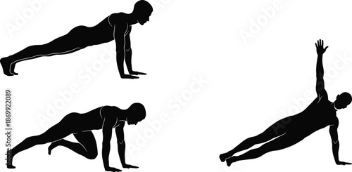 Fitness workout silhouettes showing plank mountain climber and side plank exercises for strength core training illustration, isolated vector gym concept
