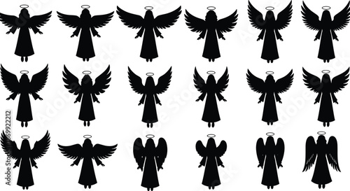  Set of black angel silhouettes, heavenly spirit icons, religious wing graphics, divine cherub vector elements for Christmas and spiritual design, isolated