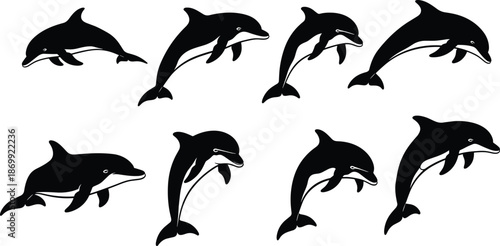  Set of black dolphin silhouettes, jumping sea mammal icons, ocean marine animal vector graphics for aquatic nature design elements, isolated