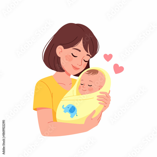 Mother Hugging Baby in Yellow Baby Carrier.