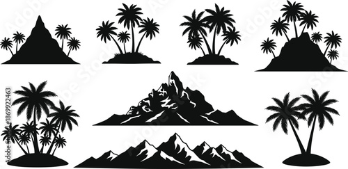  Set of black tropical island silhouettes, palm tree icons, mountain landscape graphics, exotic travel destination vector elements for summer vacation design
