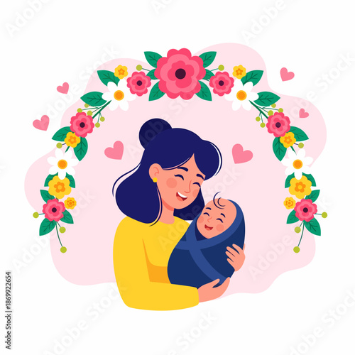 mother holding newborn baby with flowers.