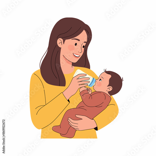 Mother feeding baby with bottle happy family moment.