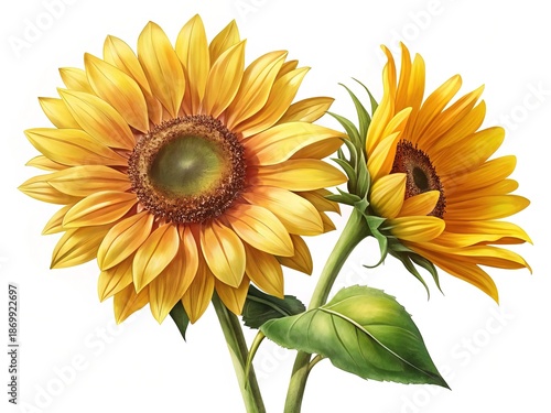 Two vibrant yellow sunflowers with lush green leaves on a white backdrop