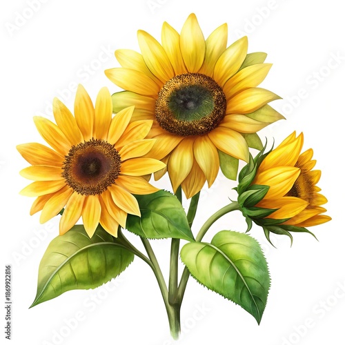 Captivating Watercolor Bouquet of Sunflowers with Lush Greenery on White Background
