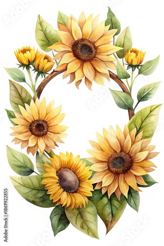 Watercolor Sunflower Wreath with Green Leaves on White Background for Decoration