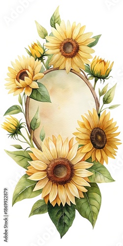 Watercolor Sunflowers Frame with Elegant Yellow Petals and Green Leaves