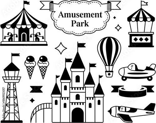 Black Silhouette Amusement Park Icon Set Featuring a Fairytale Castle Circus Tents Ice Cream and Carnival Rides Isolated on White Background