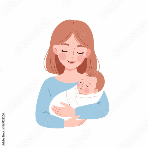Mother holding newborn baby with love tender care.