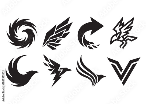 Artistic bird logo design featuring raven or crow with geometric shapes for modern minimalist branding identity company perfect animal art