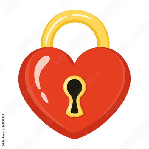 Red heart shaped padlock with a golden shackle and keyhole. Vector illustration of a romantic love lock symbol for Valentine's Day. Flat icon representing security, commitment, and secret feelings.