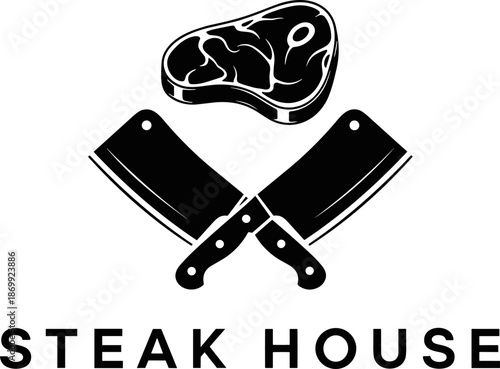 Vintage steak house logo with crossed meat cleavers and t-bone steak, rustic butcher shop emblem, monochrome vector illustration for restaurant branding and menus.