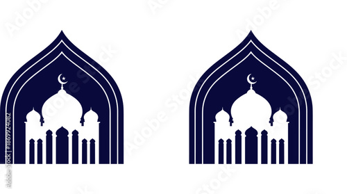 Islamic mosque silhouette with crescent moon and dome, elegant Arabic architecture graphic for Ramadan Kareem, Eid Mubarak celebration greeting, religious cultural vector illustration,