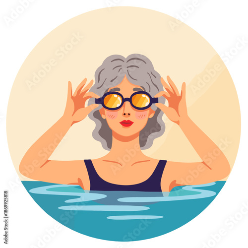 Elderly woman swimming and adjusting goggles in clear blue water . Elderly set