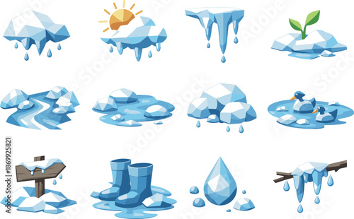 Spring Thaw Icons. Spring thaw and snow melting illustrated as a cohesive low-poly vector icon set built from angular polygonal