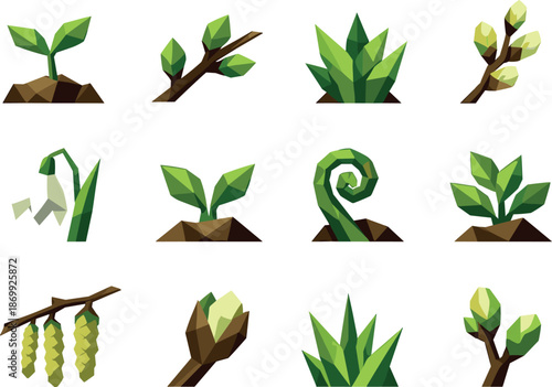 Spring Greenery Icons. Low-poly vector icon set for first spring greenery and budding plants, featuring angular polygonal geometry