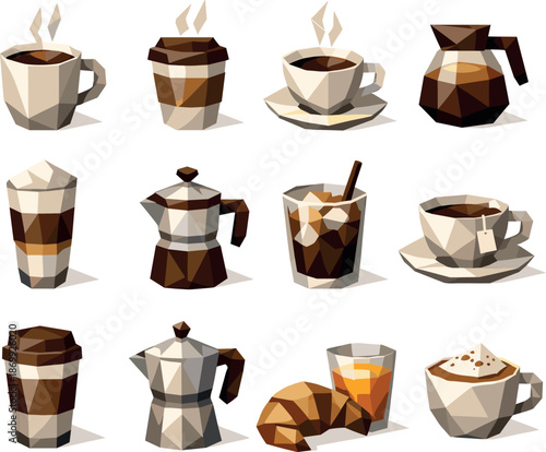Morning Coffee Icons. Coffee cups and morning beverages illustrated as a cohesive low-poly vector icon set built from angular
