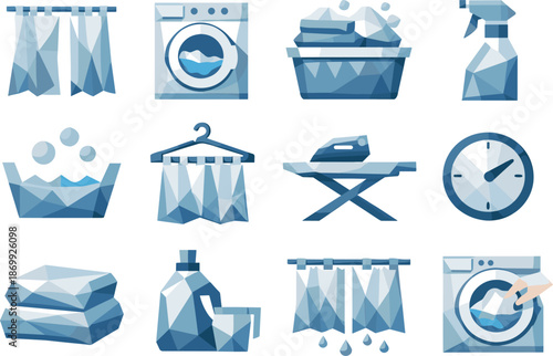 Minimalist Laundry Icons. Low-poly vector icon set for washing curtains and home laundry, featuring angular polygonal geometry,