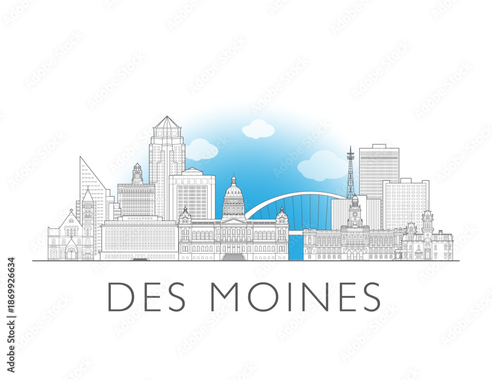 Obraz premium Des Moines Iowa cityscape illustration skyline drawing