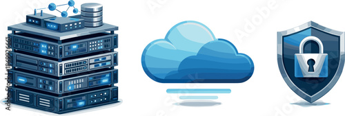 Server Rack Layers. Foundational server environment illustrated through stacked racks and organized processing layers, three