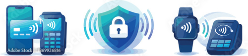 Digital Payment Icons. Contactless payment environment visualized as devices, cards, and signals interacting securely, three