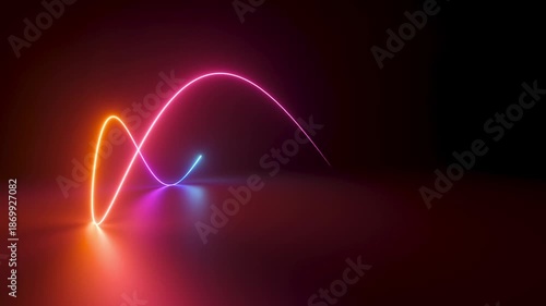 Looped 3D animation of wavy glowing neon line going in a circle. Abstract background