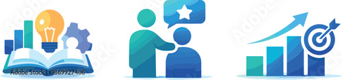 Skill Development Icons. Workforce advancement environment visualized as skill enhancement, mentoring, and performance progression